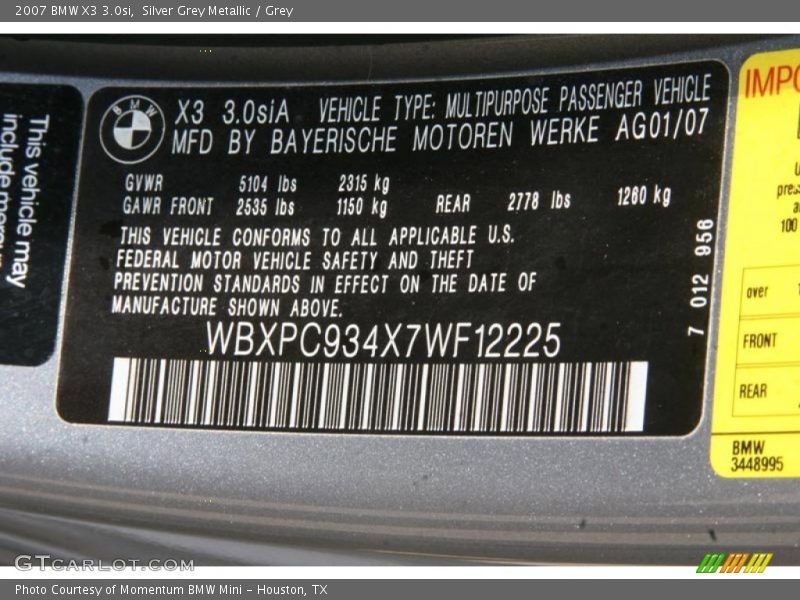 Silver Grey Metallic / Grey 2007 BMW X3 3.0si