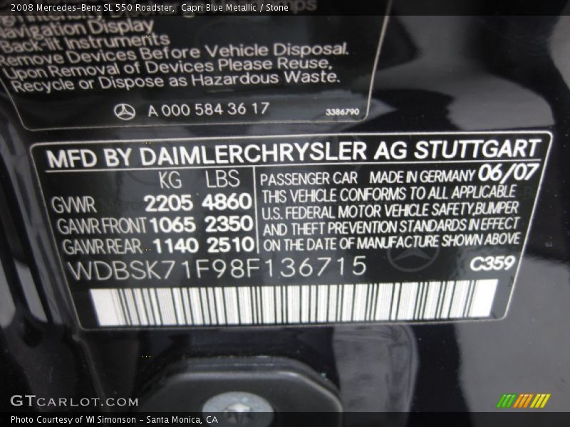 Capri Blue Metallic / Stone 2008 Mercedes-Benz SL 550 Roadster