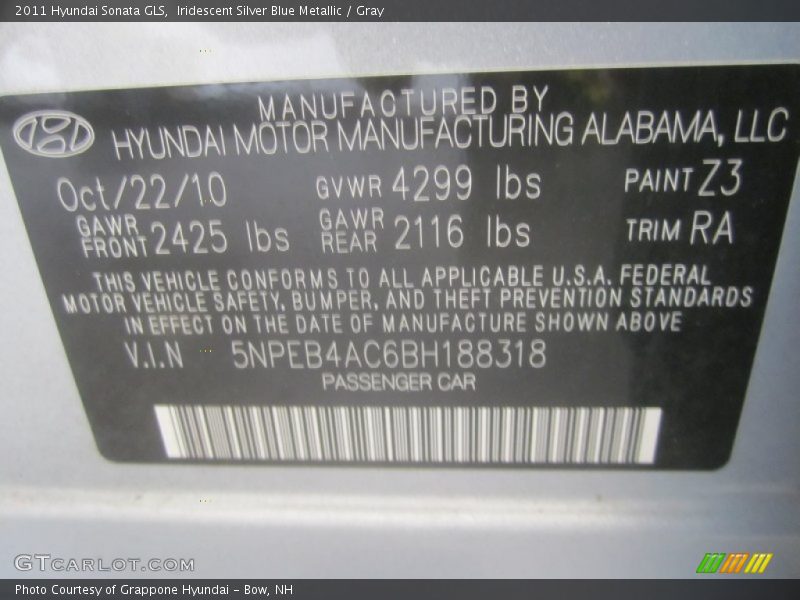 Iridescent Silver Blue Metallic / Gray 2011 Hyundai Sonata GLS