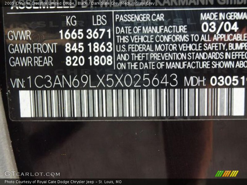 Black / Dark Slate Grey/Medium Slate Grey 2005 Chrysler Crossfire Limited Coupe