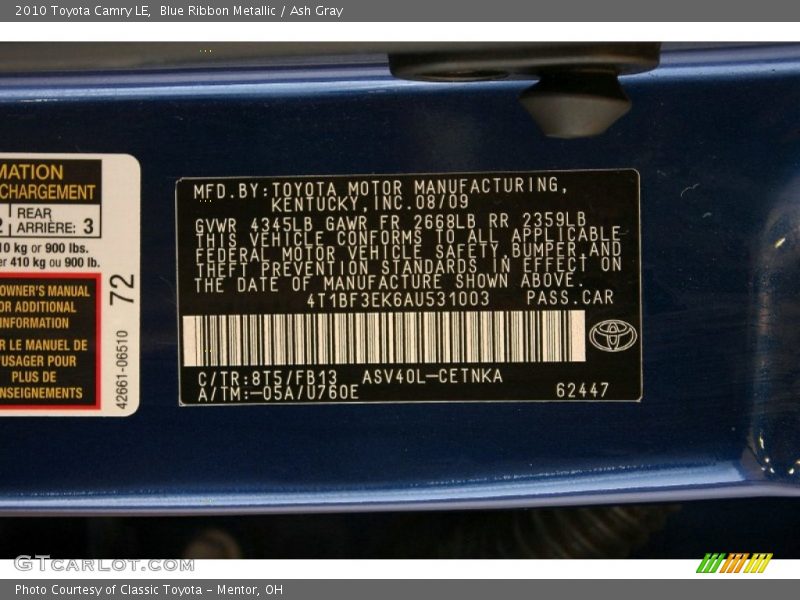 Blue Ribbon Metallic / Ash Gray 2010 Toyota Camry LE