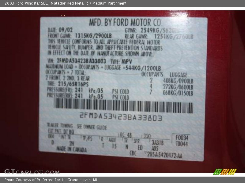 2003 Windstar SEL Matador Red Metallic Color Code DT
