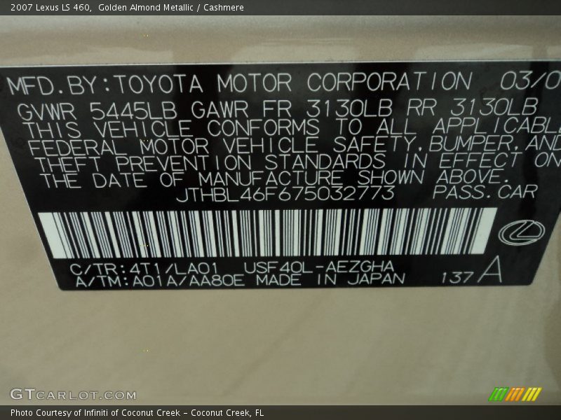 Golden Almond Metallic / Cashmere 2007 Lexus LS 460