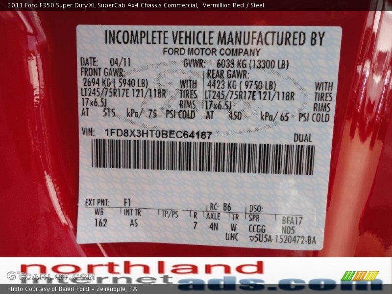 Vermillion Red / Steel 2011 Ford F350 Super Duty XL SuperCab 4x4 Chassis Commercial