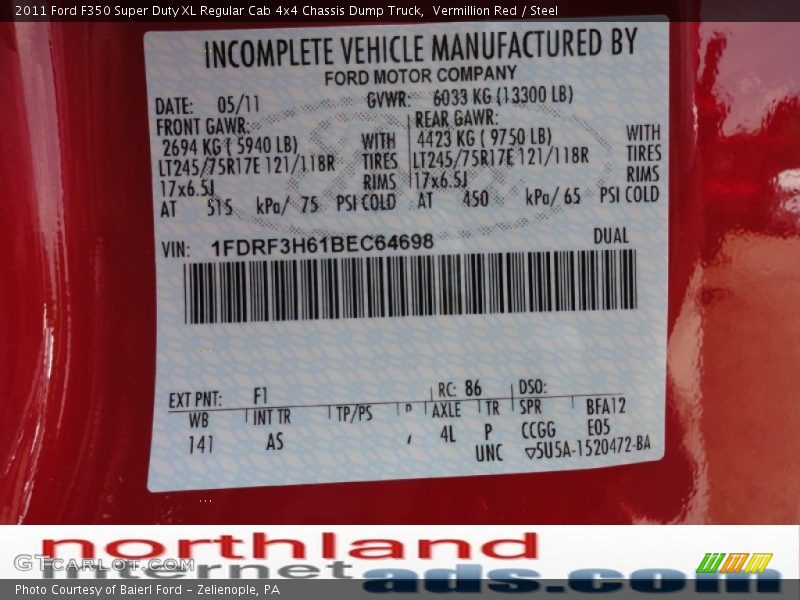 Vermillion Red / Steel 2011 Ford F350 Super Duty XL Regular Cab 4x4 Chassis Dump Truck