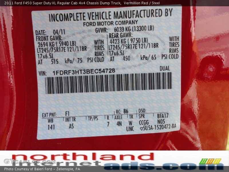 Vermillion Red / Steel 2011 Ford F450 Super Duty XL Regular Cab 4x4 Chassis Dump Truck