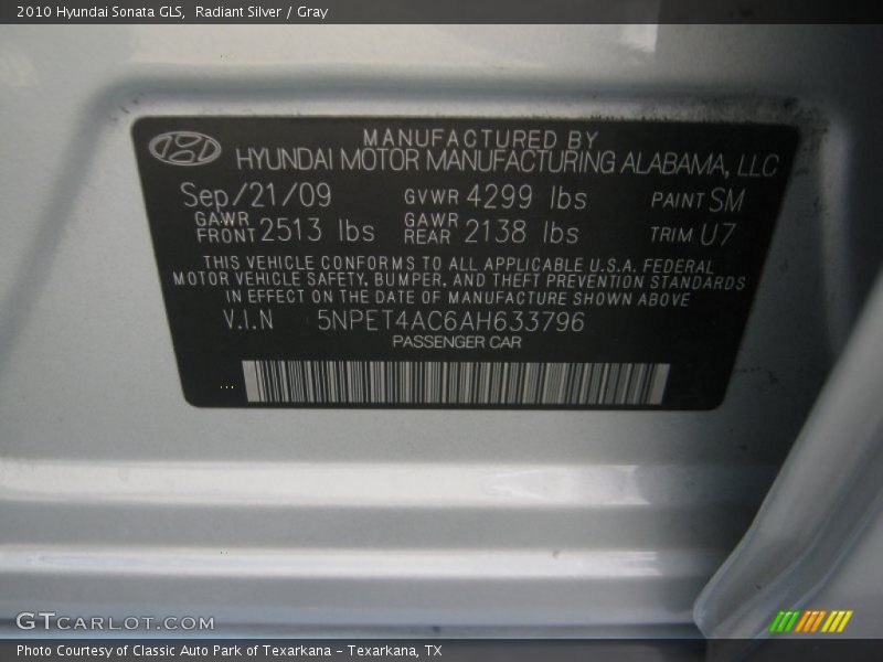 Radiant Silver / Gray 2010 Hyundai Sonata GLS