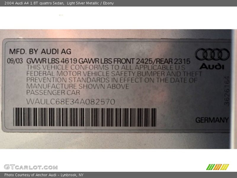 Light Silver Metallic / Ebony 2004 Audi A4 1.8T quattro Sedan