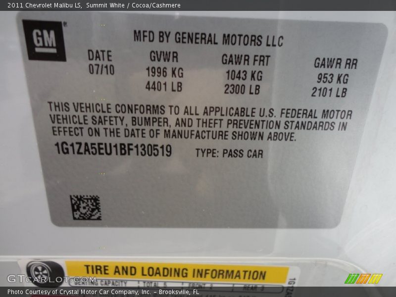 Summit White / Cocoa/Cashmere 2011 Chevrolet Malibu LS