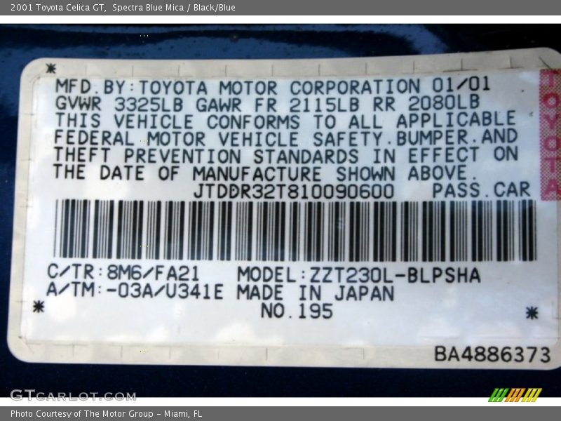 2001 Celica GT Spectra Blue Mica Color Code 8M6