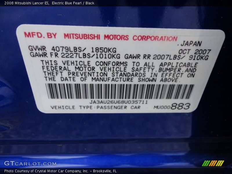 Electric Blue Pearl / Black 2008 Mitsubishi Lancer ES