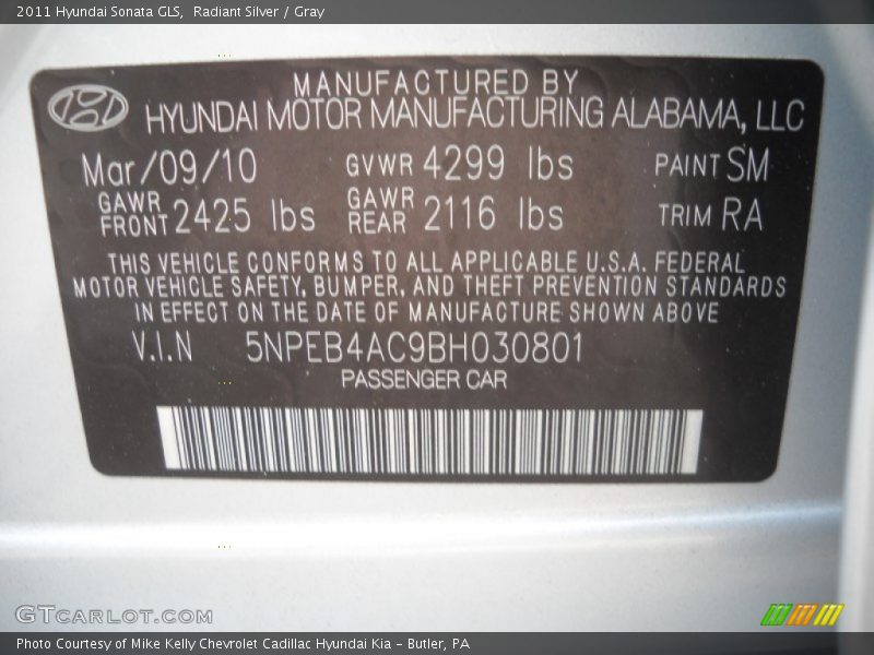 Radiant Silver / Gray 2011 Hyundai Sonata GLS