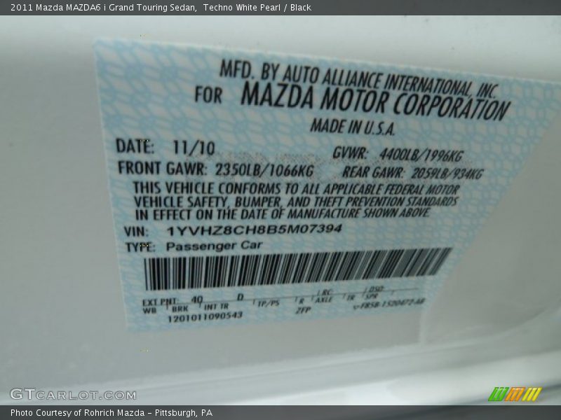 Techno White Pearl / Black 2011 Mazda MAZDA6 i Grand Touring Sedan