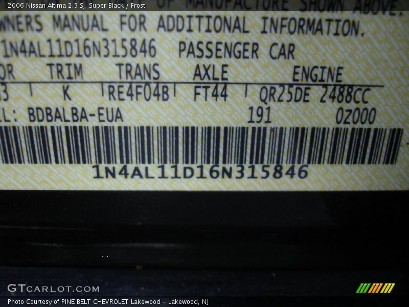 Super Black / Frost 2006 Nissan Altima 2.5 S