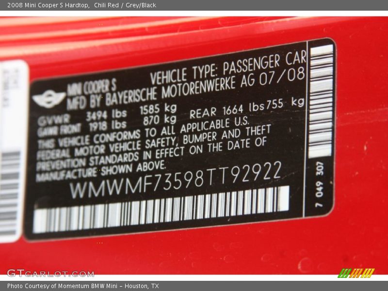 Chili Red / Grey/Black 2008 Mini Cooper S Hardtop