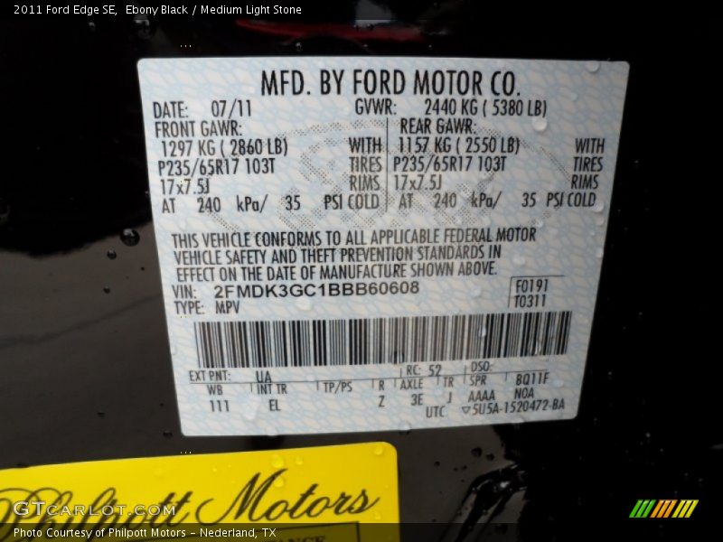 Ebony Black / Medium Light Stone 2011 Ford Edge SE