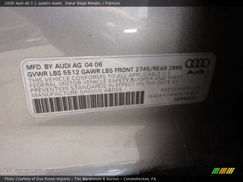 Info Tag of 2006 A6 3.2 quattro Avant