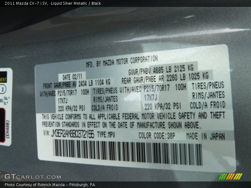 Liquid Silver Metallic / Black 2011 Mazda CX-7 i SV