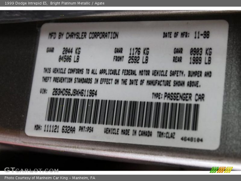 1999 Intrepid ES Bright Platinum Metallic Color Code PS4