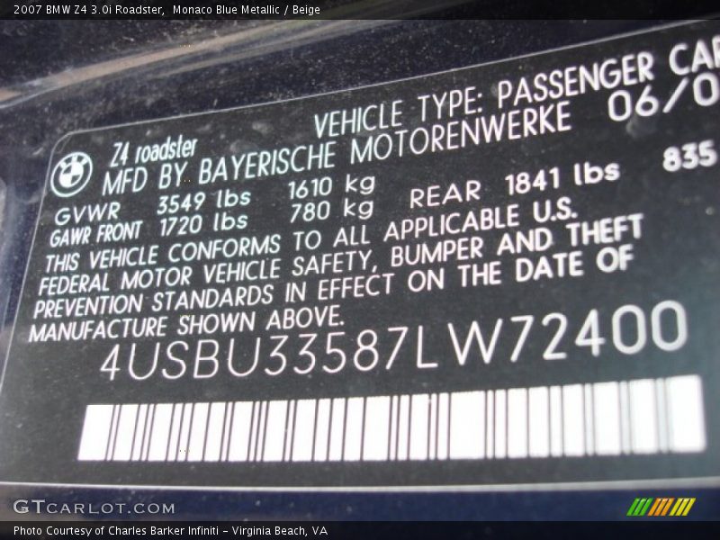 Monaco Blue Metallic / Beige 2007 BMW Z4 3.0i Roadster