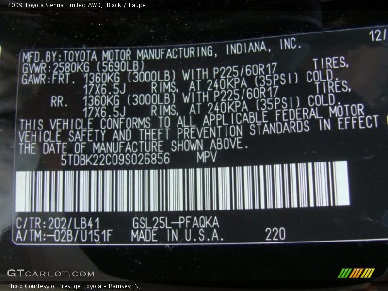 2009 Sienna Limited AWD Black Color Code 202