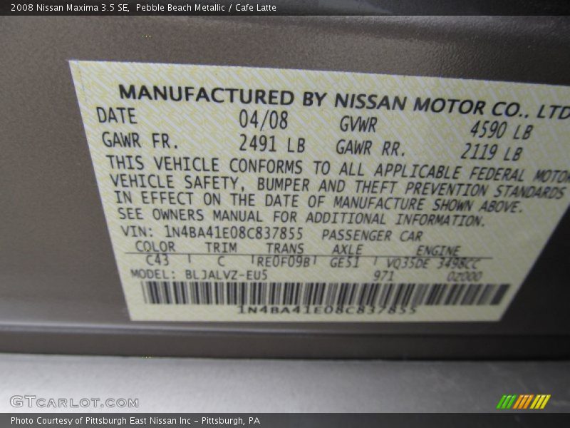 Pebble Beach Metallic / Cafe Latte 2008 Nissan Maxima 3.5 SE