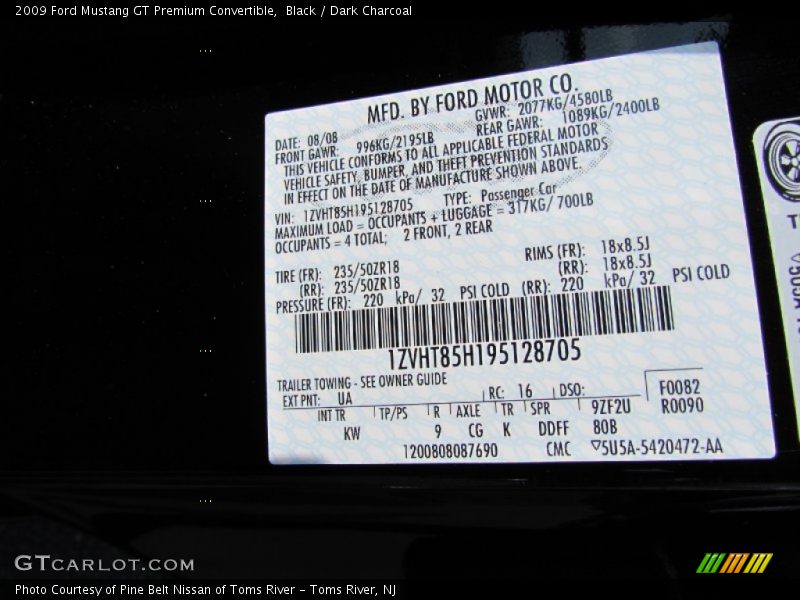 2009 Mustang GT Premium Convertible Black Color Code UA