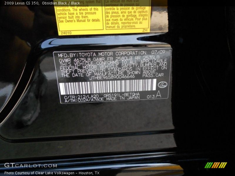 2009 GS 350 Obsidian Black Color Code 212