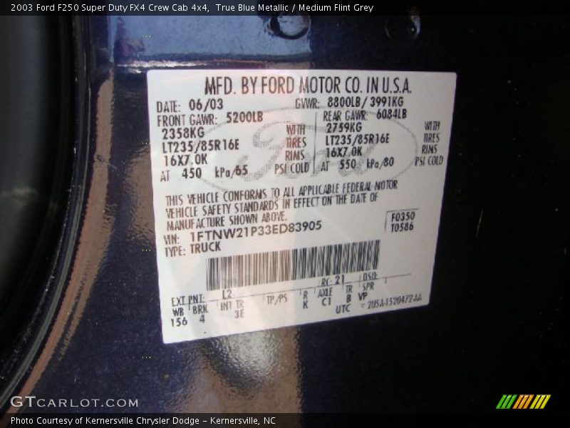 2003 F250 Super Duty FX4 Crew Cab 4x4 True Blue Metallic Color Code L2