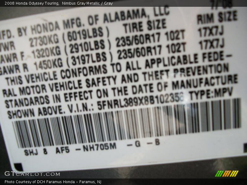 Nimbus Gray Metallic / Gray 2008 Honda Odyssey Touring