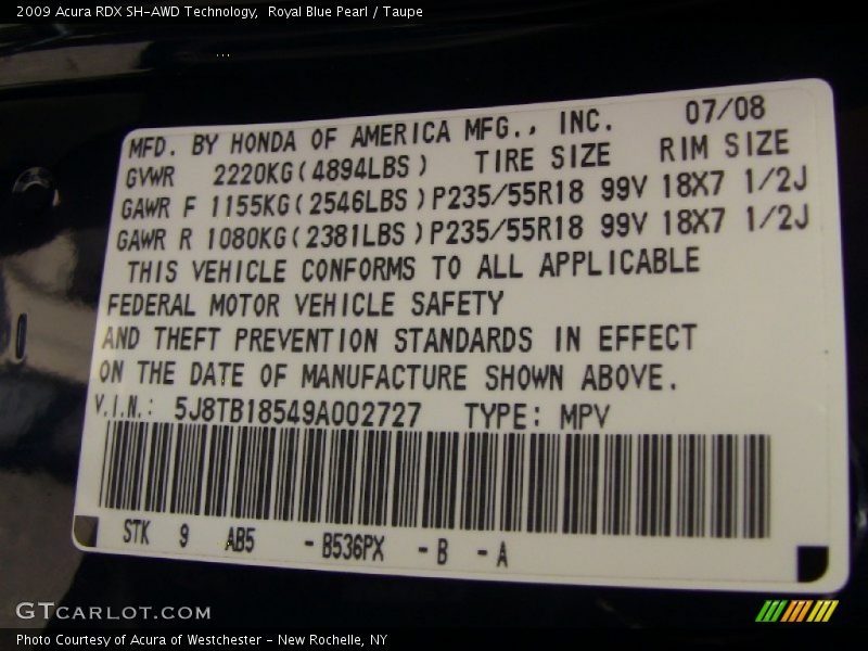 Royal Blue Pearl / Taupe 2009 Acura RDX SH-AWD Technology