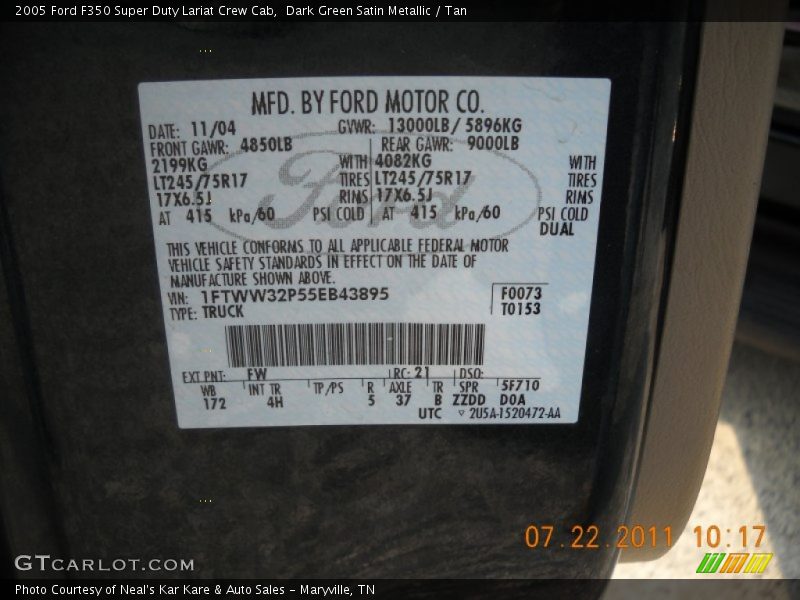 Dark Green Satin Metallic / Tan 2005 Ford F350 Super Duty Lariat Crew Cab