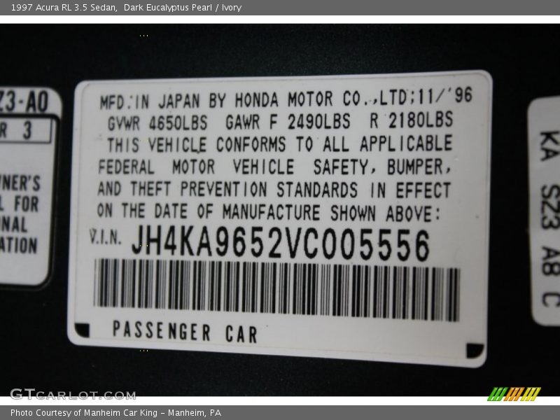 Info Tag of 1997 RL 3.5 Sedan