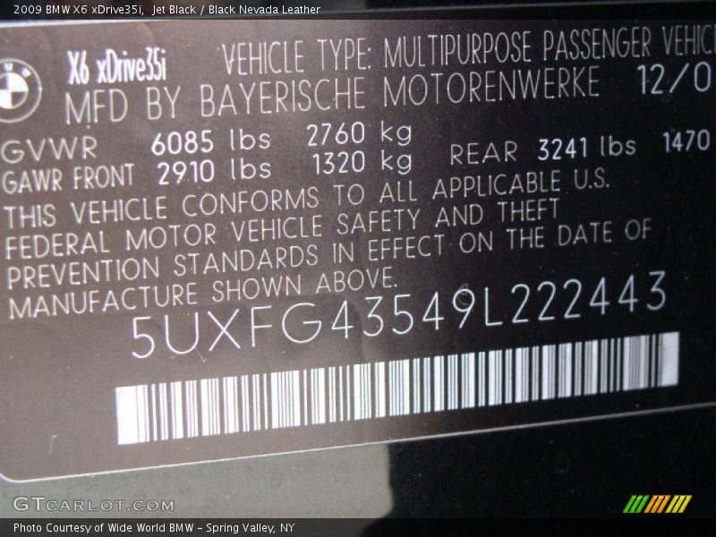 Jet Black / Black Nevada Leather 2009 BMW X6 xDrive35i