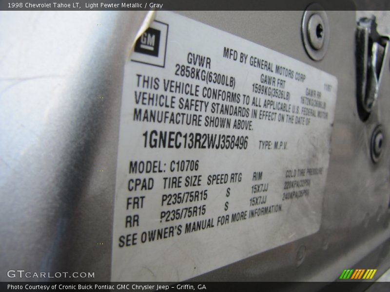 Light Pewter Metallic / Gray 1998 Chevrolet Tahoe LT