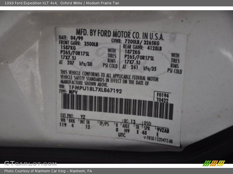 Oxford White / Medium Prairie Tan 1999 Ford Expedition XLT 4x4