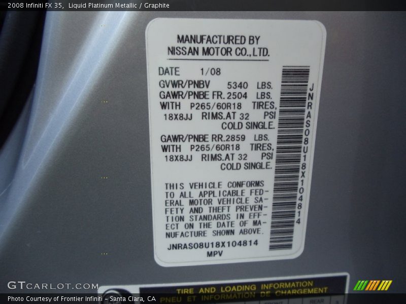 Liquid Platinum Metallic / Graphite 2008 Infiniti FX 35