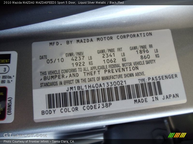 2010 MAZDA3 MAZDASPEED3 Sport 5 Door Liquid Silver Metallic Color Code 38P