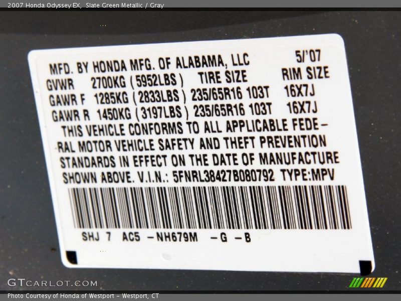 Slate Green Metallic / Gray 2007 Honda Odyssey EX
