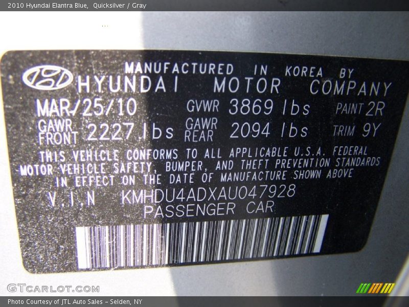 2010 Elantra Blue Quicksilver Color Code 2R