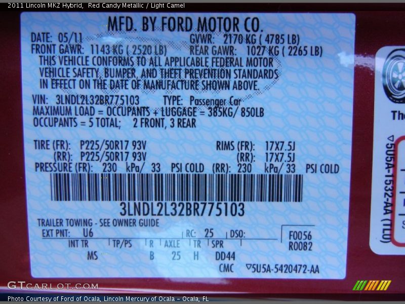 2011 MKZ Hybrid Red Candy Metallic Color Code U6