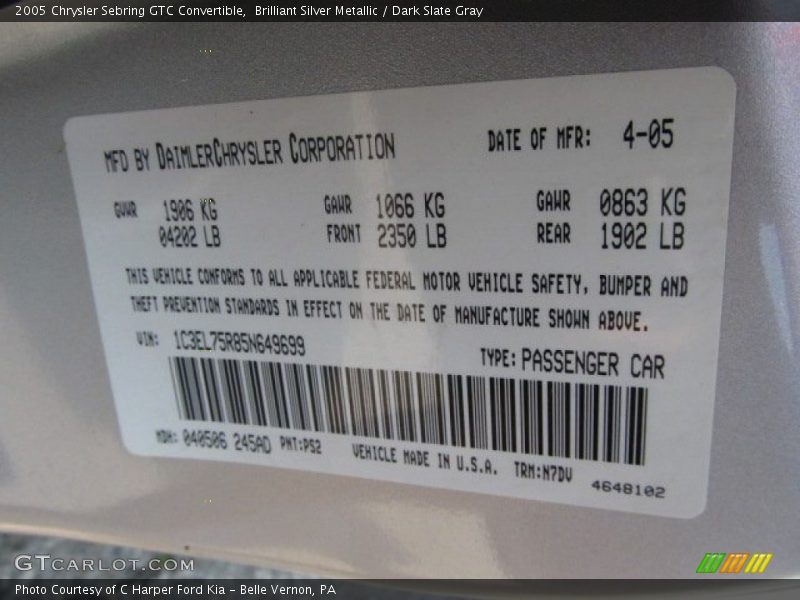 Info Tag of 2005 Sebring GTC Convertible