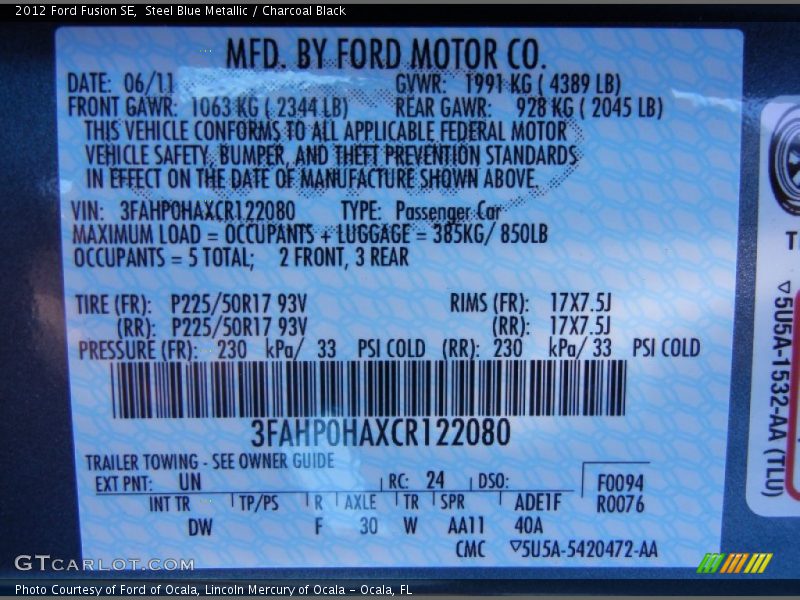 Steel Blue Metallic / Charcoal Black 2012 Ford Fusion SE