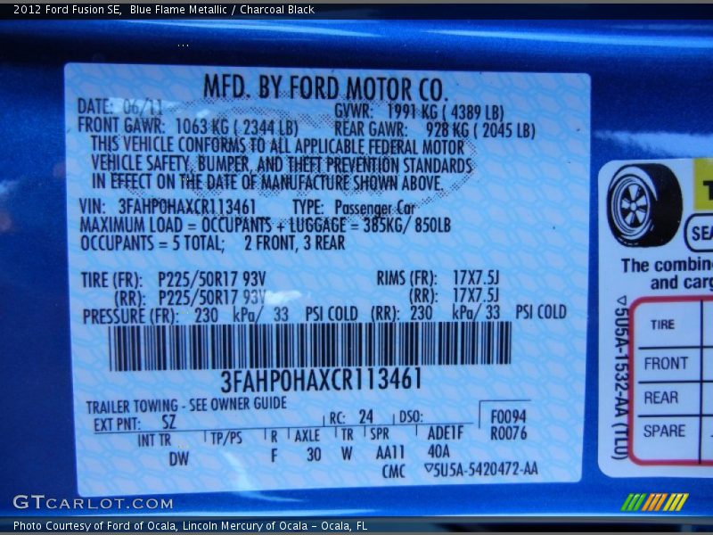 Blue Flame Metallic / Charcoal Black 2012 Ford Fusion SE