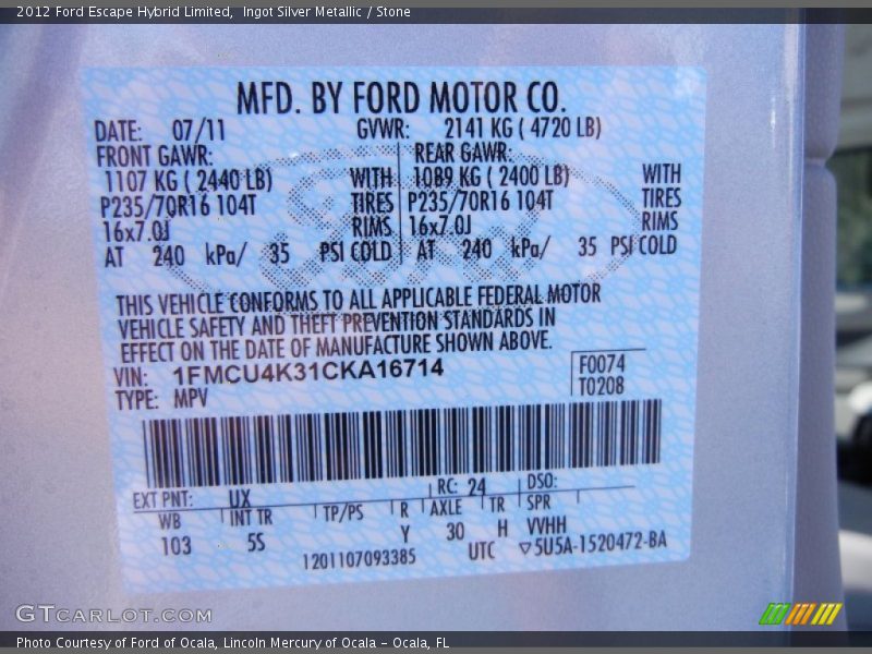 2012 Escape Hybrid Limited Ingot Silver Metallic Color Code UX