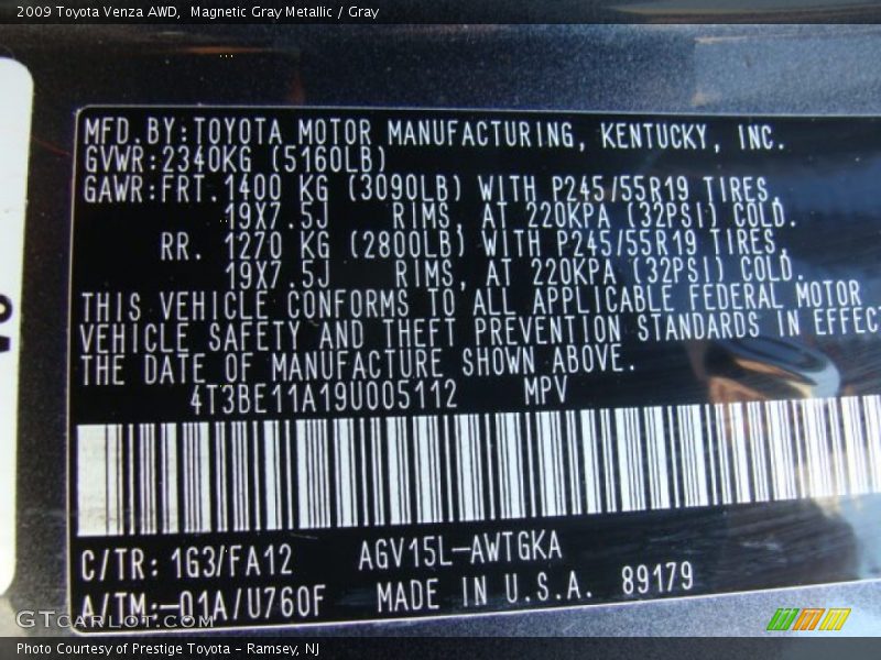 Magnetic Gray Metallic / Gray 2009 Toyota Venza AWD
