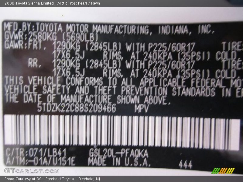 Arctic Frost Pearl / Fawn 2008 Toyota Sienna Limited