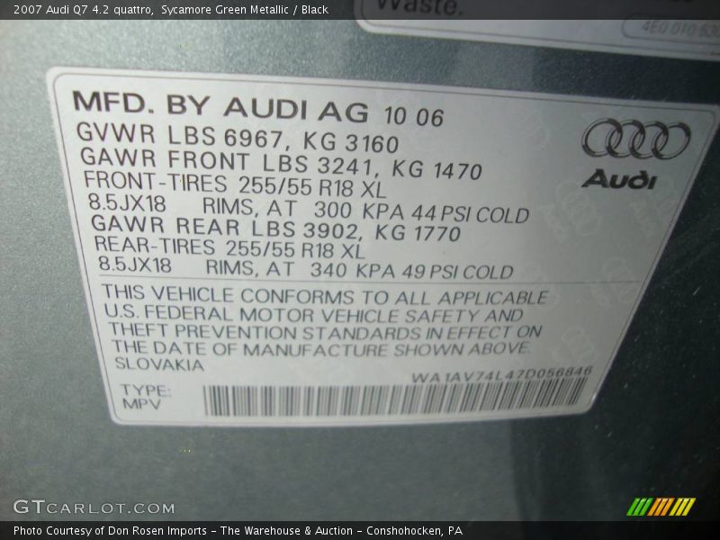 Sycamore Green Metallic / Black 2007 Audi Q7 4.2 quattro