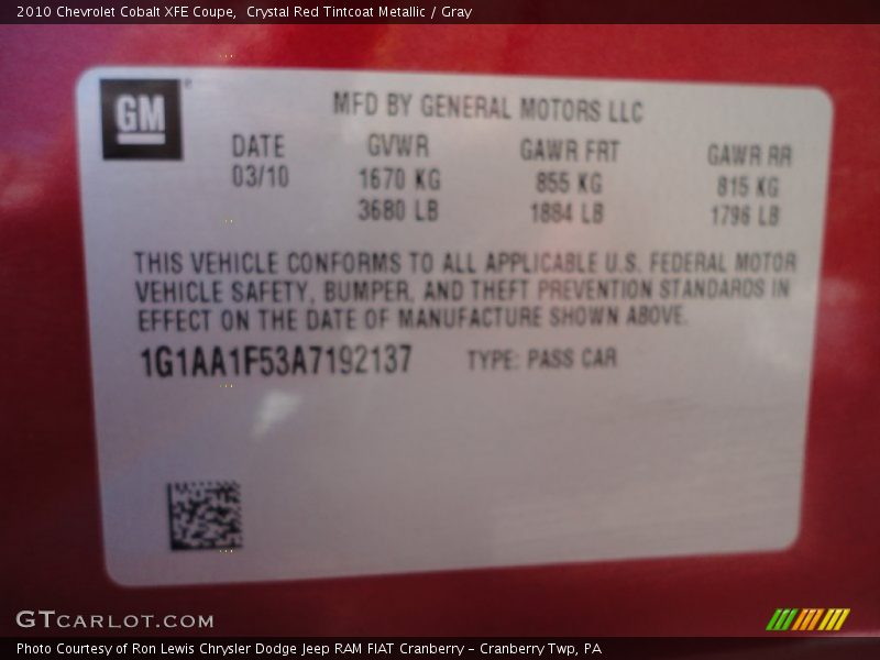 Crystal Red Tintcoat Metallic / Gray 2010 Chevrolet Cobalt XFE Coupe