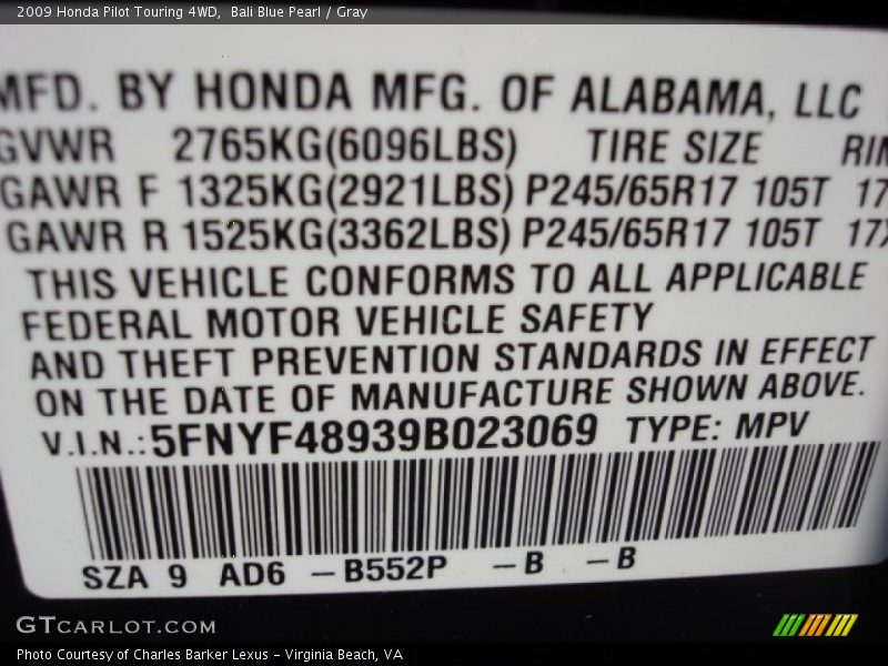 Bali Blue Pearl / Gray 2009 Honda Pilot Touring 4WD